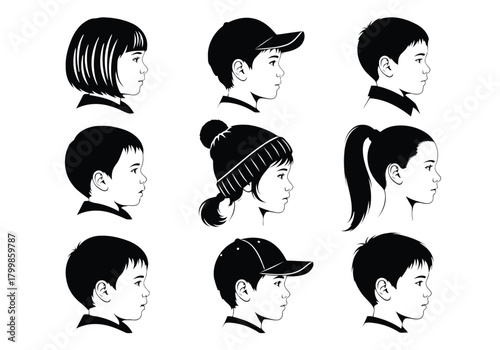Vector illustration of set of different boy and girl face profile isolated on