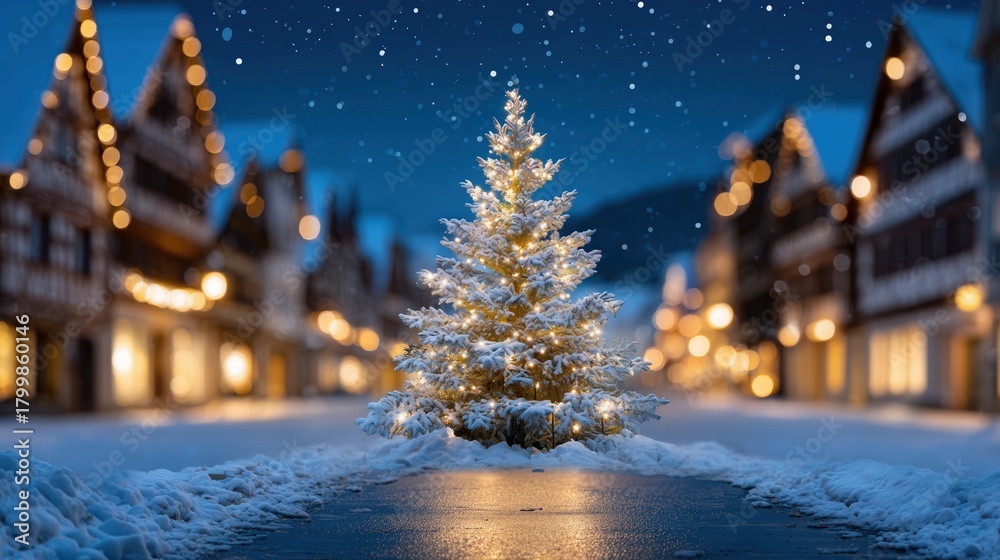 Naklejka premium Magical Christmas tree glowing amidst falling snow in a festive winter town square at night