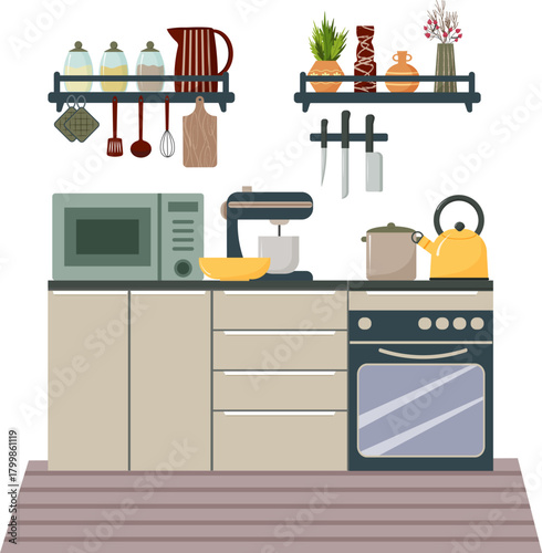 Kitchen interior design with various cooking appliances, shelves with kitchenware and home decor. Home comfort and cooking concept.