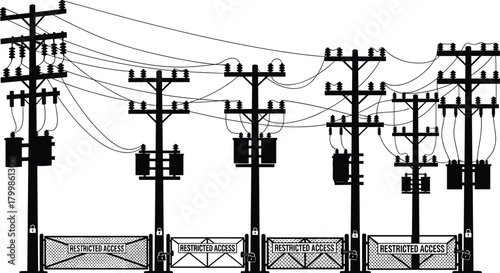 Utility poles with electrical transformers, restricted access power distribution area, black and white vect