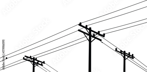 Utility poles with power lines silhouette vector, minimalist electrical infrastructure illustration, energy distribution artwork, electricity grid concept, urban engineering design elements