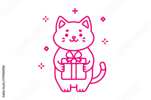 Outlined cartoon cat cheerfully holds a cute wrapped gift and looks endearing on white