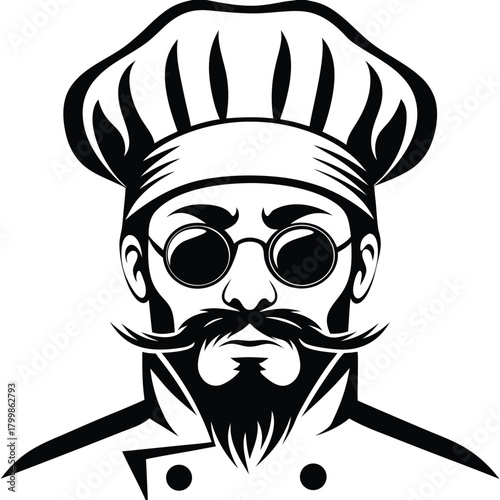 Line drawing shows a serious chef wearing glasses, a beard and a hat