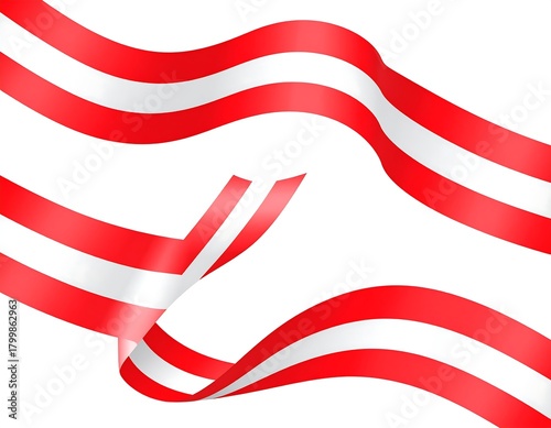 Flowing red and white ribbons, a waving design on a plain white backdrop