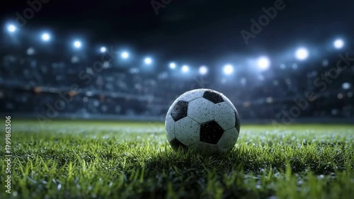 A soccer ball on a grassy field in a stadium under bright floodlights at night