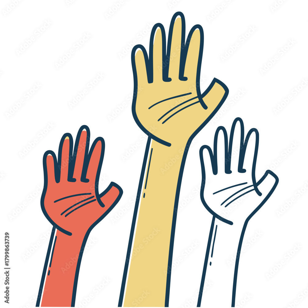 Fototapeta premium Three diverse hands raised in the air with different colors