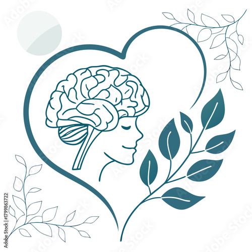 Brain and heart silhouette with nature elements representing mental well being