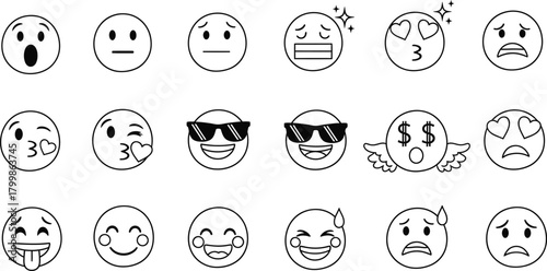 Collection of hand drawn cartoon faces expressing a wide range of emotions and moods