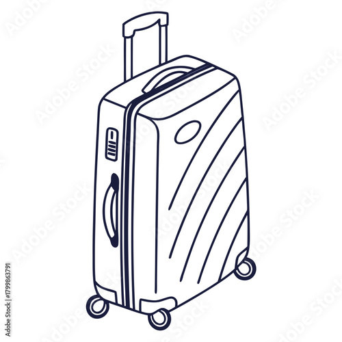 Line art illustration of a modern rolling suitcase with a telescopic handle