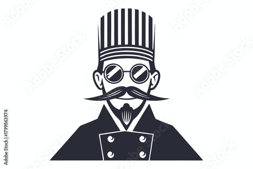 Stylized chef silhouette sports a tall striped hat and round glasses, showing classic culinary style