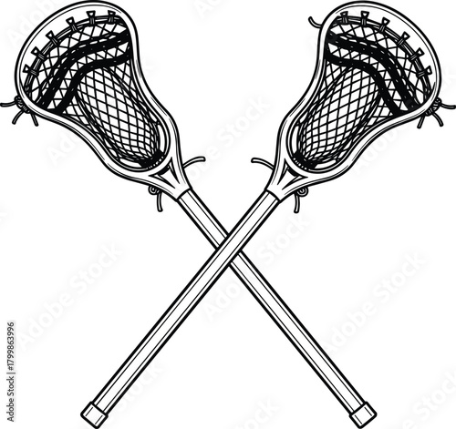 Two crossed lacrosse sticks, black and white line art, sports equipment icon, team symbol, isolated vector illustration, game graphic, stencil, logo element.