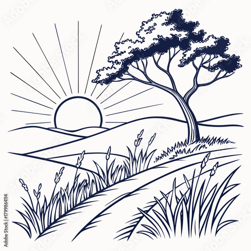 Stylized line drawing of a sunrise over rolling hills with a lone tree