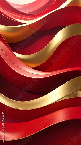 Flowing ribbons of red and gold create an abstract, undulating design with depth and vibrant hues