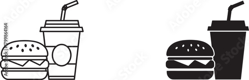 Burger and soda drink cup silhouette illustration, fast food meal icon set with black and white style for restaurant, cafe, menu, and delivery design