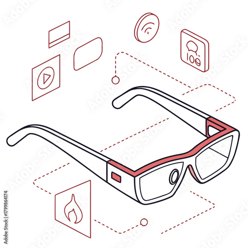 Smart glasses with augmented reality icons and connectivity symbols
