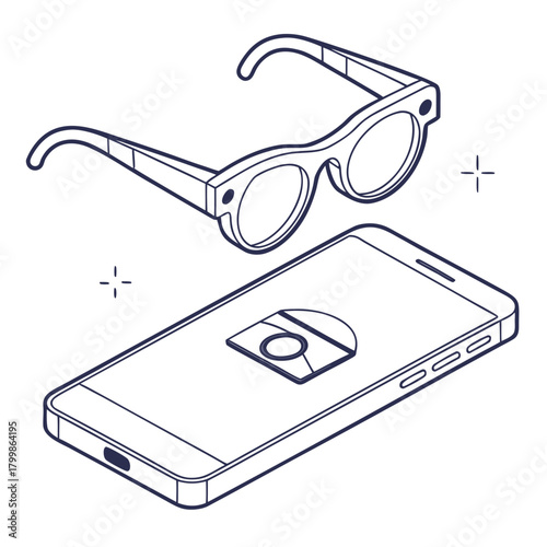 Smart glasses and smartphone with camera icon on screen