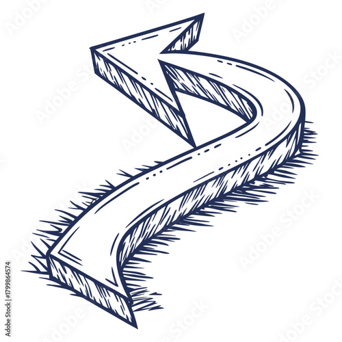 Hand drawn arrow turning sharply with sketchy texture and shading