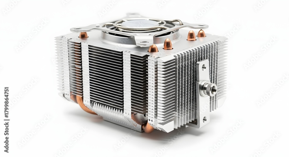 Fototapeta premium A detailed view of a silver cpu cooler with copper heat pipes on a clean white background surface area