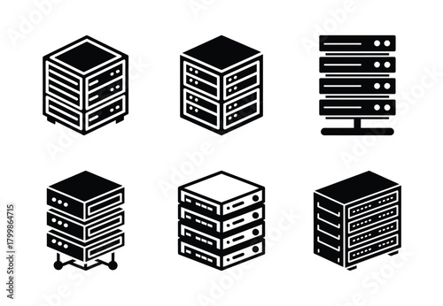 server rack vector icon set. Technology silhouette icons