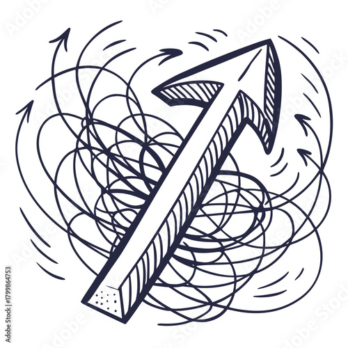 Doodle arrow breaking through chaos and confusion