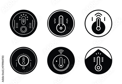 smart thermostat vector icon set. Technology silhouette icons
