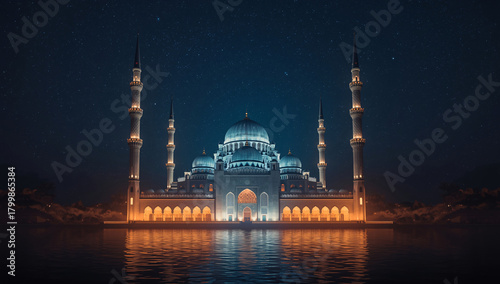 Stunning mosque illuminated at night with a beautiful starry sky for Ramadan feel
