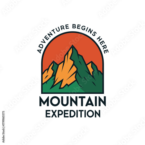 Mountain expedition logo with mountain range and sunset background.