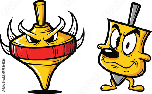 Cartoon spinning tops with expressive faces, anthropomorphic toy illustration vector design, playful fantasy character art concept for children creative graphics