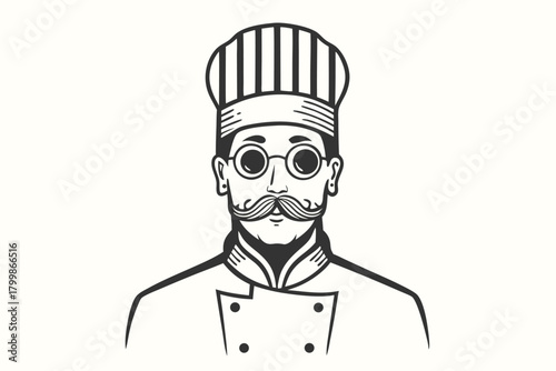 Outlined gentleman chef portrait with round spectacles and culinary hat shows elegance