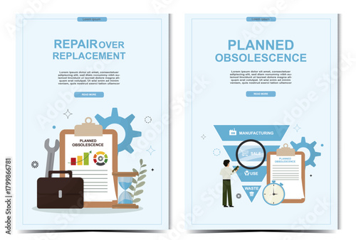 Repair Versus Obsolescence posters set. Web landing page designs exploring sustainable repair philosophy versus planned obsolescence manufacturing model. Flat design. Vector illustration