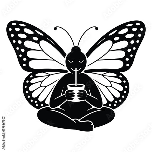Stylized butterfly person meditating, sipping drink from a cup isolated on white background, Vector