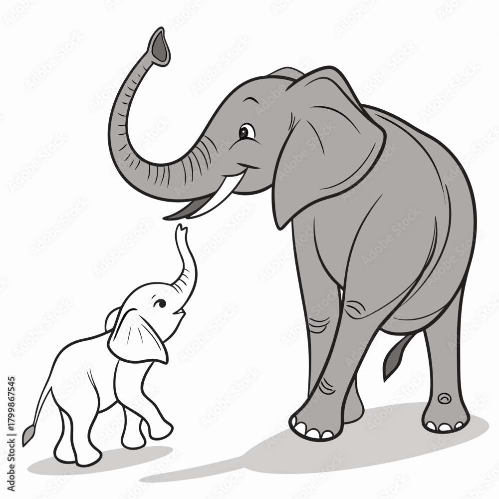 Fototapeta premium Adorable mother elephant and baby elephant interacting lovingly with trunks raised in a cartoon style