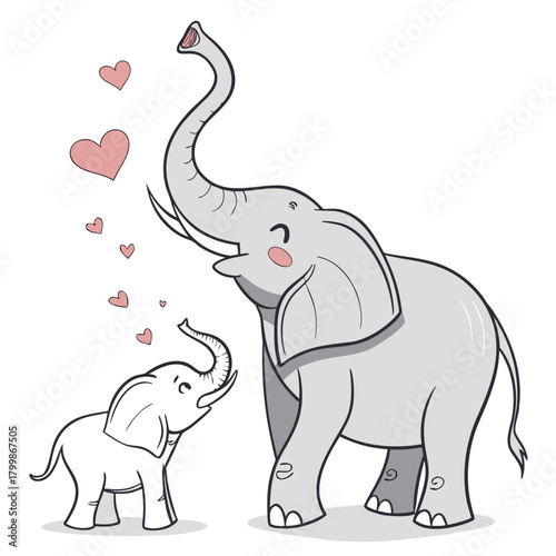 Adorable mother and baby elephants showering love with hearts and trunks raised in celebration