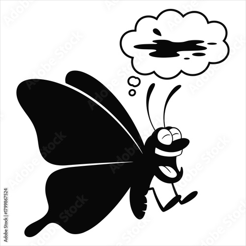 Happy black butterfly cartoon character thinking about ink splatters isolated on white background, Vector