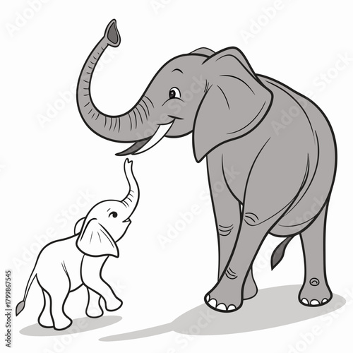 Adorable mother elephant and baby elephant interacting lovingly with trunks raised in a cartoon style