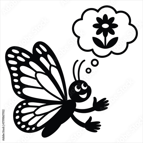 Happy cartoon butterfly character dreaming of a lovely flower isolated on white background, Vector