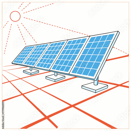 Illustration of solar panels on a grid surface with sun rays indicating energy generation