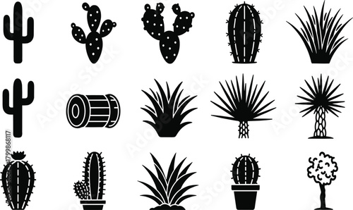 Desert cactus silhouette icons, agave, prickly pear, potted plants, vector set, black shapes, nature, minimal, tropical, western, flora