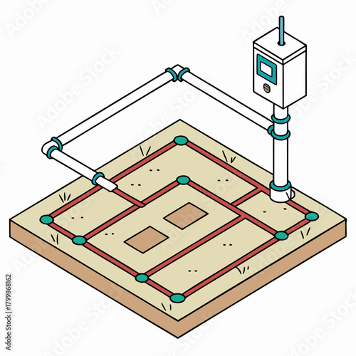 Isometric illustration of a smart irrigation system with pipes and a control unit in a garden bed