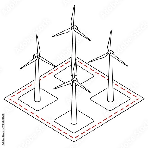 Isometric illustration of four wind turbines in a stylized landscape with dashed red lines indicating a boundary