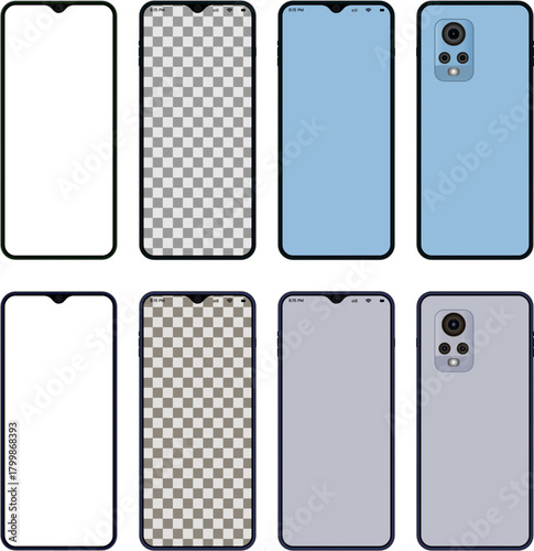 Mobile phone device vector mockup template design with front and back view. Realistic smart phone layout mockup template design. High quality smart phone mockup for UI UX presentation