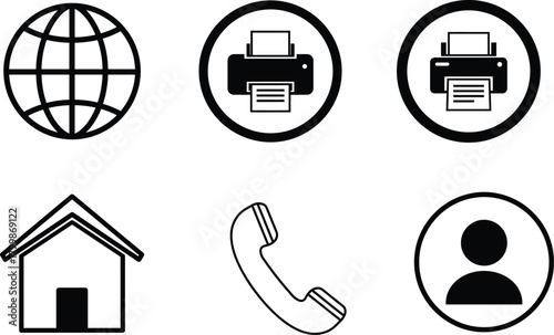 Set of six simple black and white outline icons representing common contact and communication methods
