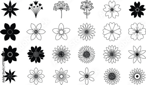 Collection of twenty four intricate black and white floral and snowflake graphic design elements