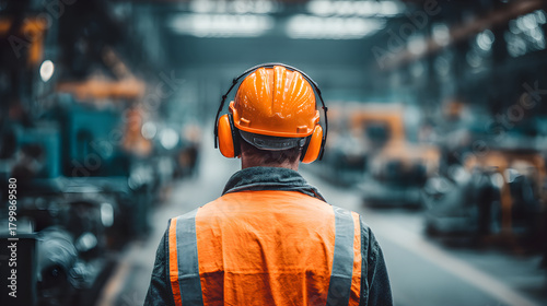 Industrial worker wearing hard hat and hearing protection