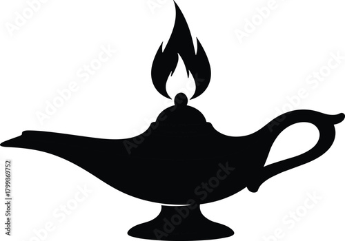 Traditional oil lamp silhouette, black vector design, Aladdin magic lamp icon, folklore genie symbol, cultural heritage illustration, mystical flame decorative template