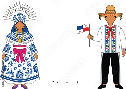 Panamanian Man and Woman in Traditional Pollera and Montuno Dress Vector.