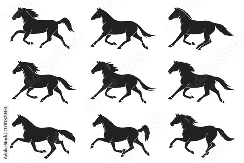 Horse running silhouette pack isolated on white background