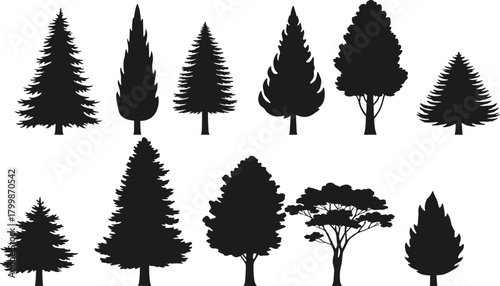 Tree silhouette collection, diverse forest shapes, botanical illustration set, natural landscape design elements, ecology concept, vector art, environmental graphics, woodland icons
