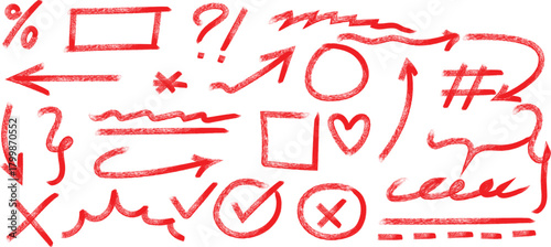 Collection of hand drawn red symbols and arrows on a white background with a textured effect