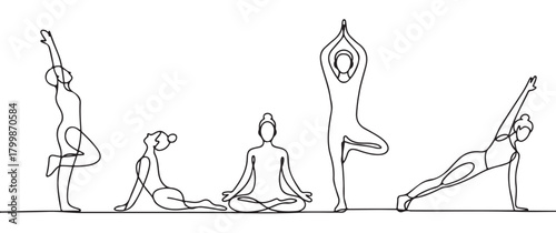 Continuous line drawing of yoga poses vector illustration for wellness and healthy lifestyle isolated on 